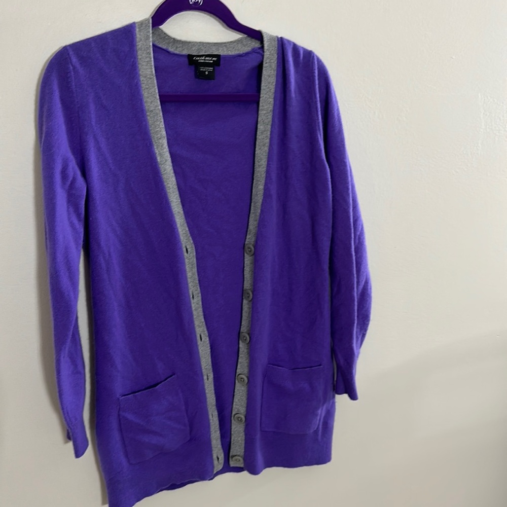 Lord and Taylor 100% cashmere purple and grey sweater button down size small